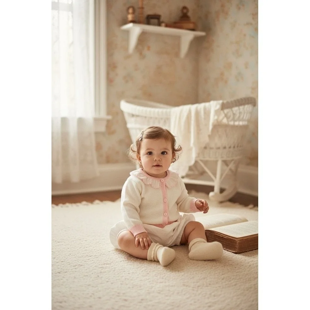 Newknit Baby Girl Cardigan Sweater White Pink Ruffle Collar Buttons 3-6M vintage